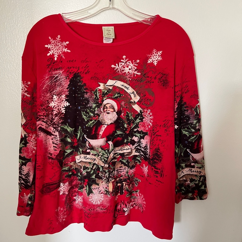 Jess & Jane Santa’s Greeting Christmas Graphic Top Red Long Sleeve Women XL